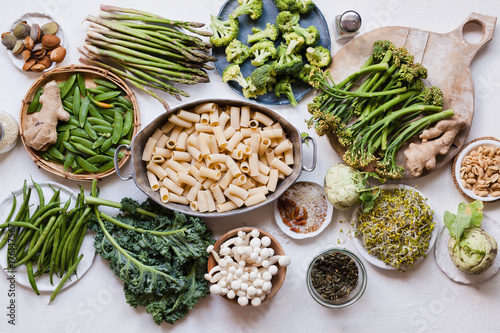 Pasta rigatoni casserole raw green vegetables cooking ingredients