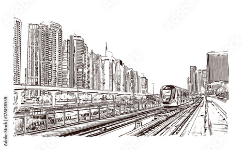 Hand drawn sketch of Tram service in the city of Dubai in vector illustration.