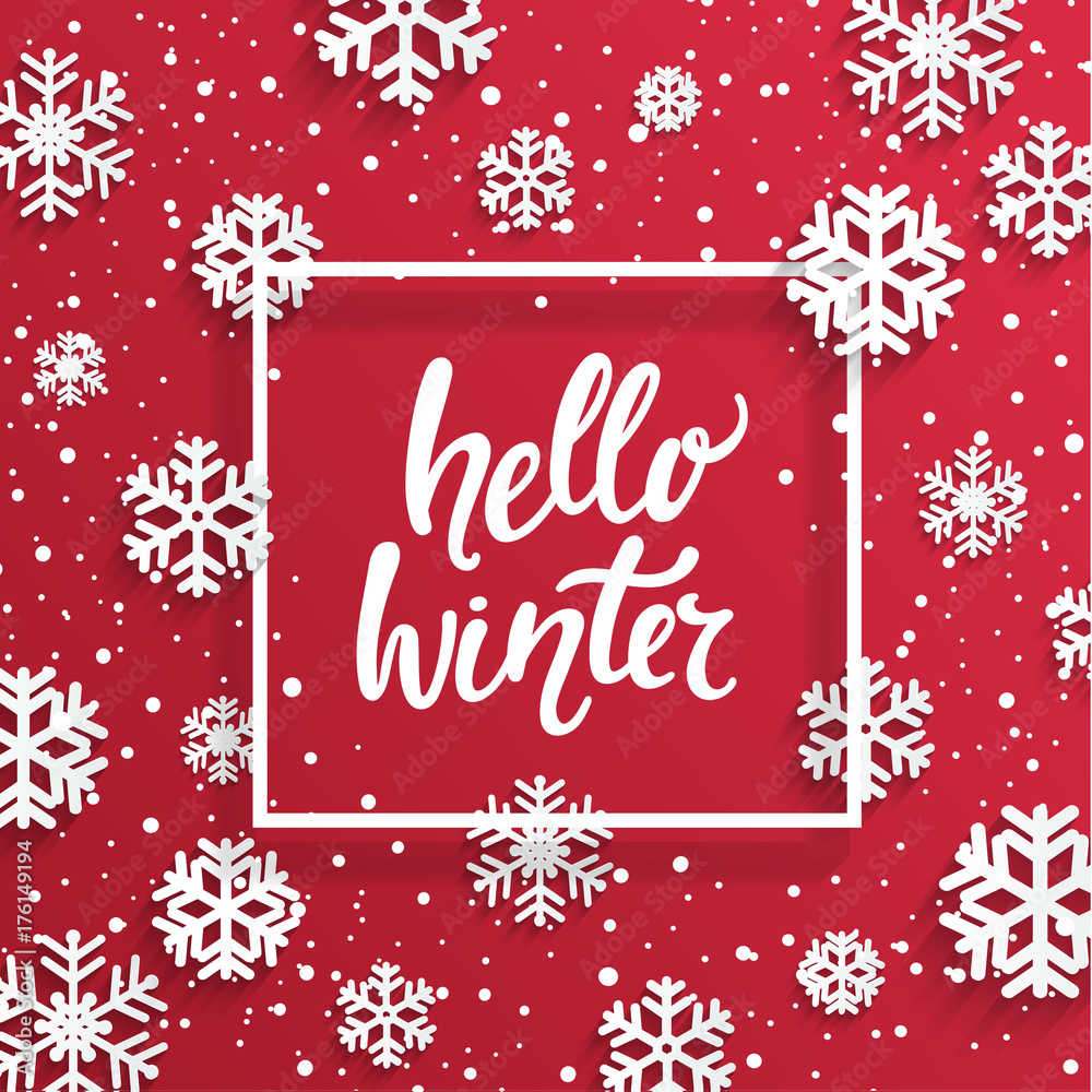 Hello winter card with snowflakes on red background. Vector illustration banner.