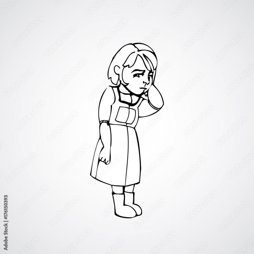 Child, girl, teen, teenager standing frustrated. Vector outlined illustration. White image, gray background. Child, girl, teen, teenager standing frustrated. Vector outlined illustration. White image, gray background.