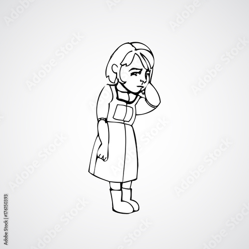 Child, girl, teen, teenager standing frustrated. Vector outlined illustration. White image, gray background.