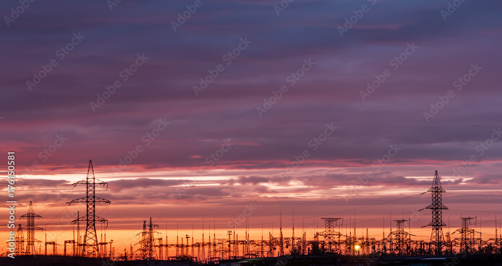 silhouette substation with sunset background,substation on sunset time.