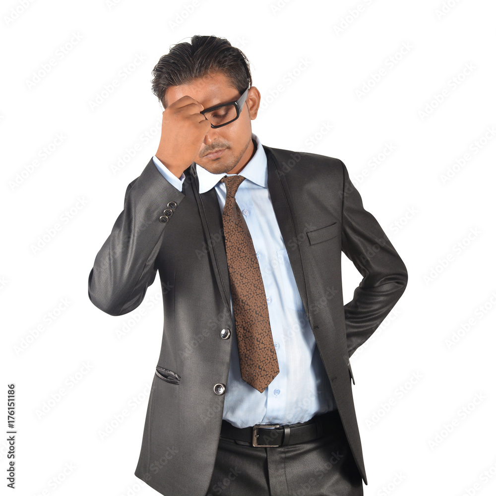 Young businessman in black suit thinking over white background Young businessman in black suit thinking over white background