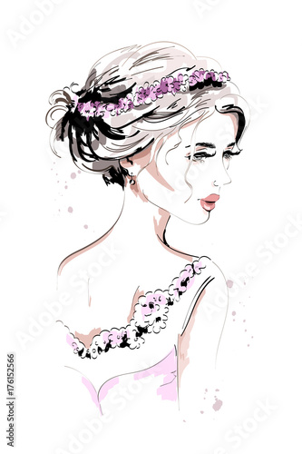 Beautiful young woman portrait. Fashion woman. Hand drawn cute girl with flower wreath and beautiful hairstyle. Sketch.