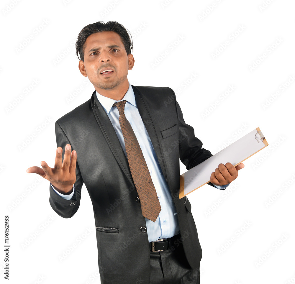 Businessman in black suit with clipboard angry at workers over white background Businessman in black suit with clipboard angry at workers over white background