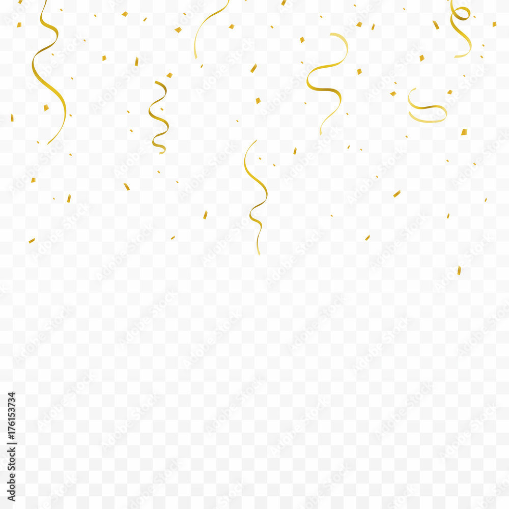 Festive background with golden ribbons and confetti. Falling confetti