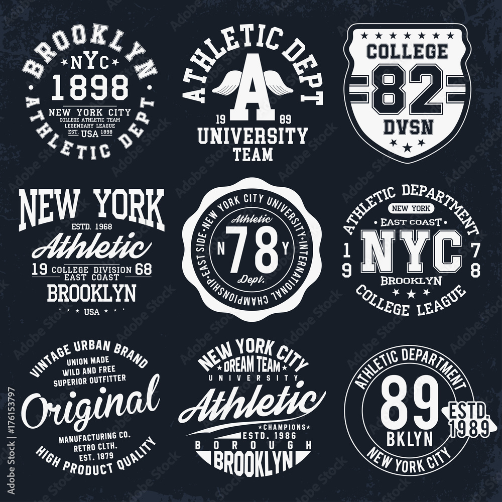 New York, Brooklyn typography, badges set for t-shirt print. Varsity style t-shirt graphics