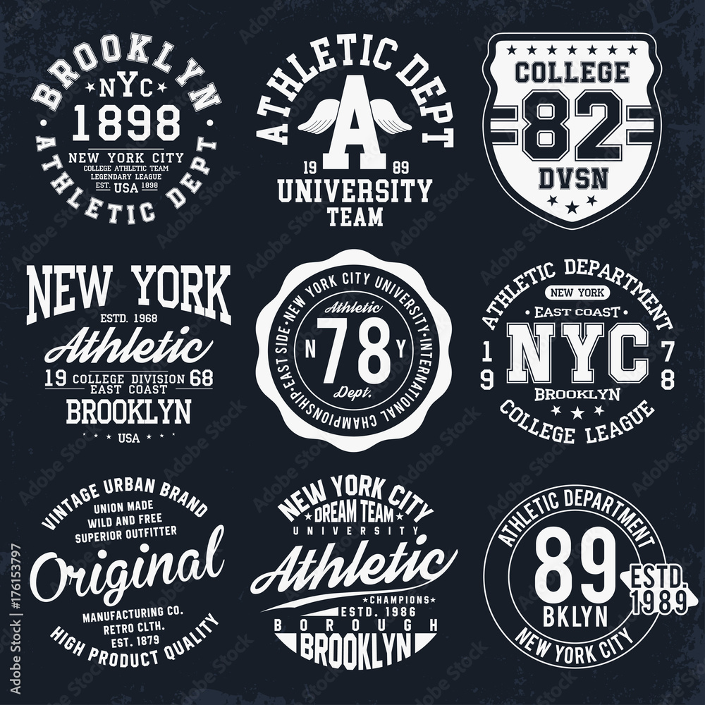 New York, Brooklyn typography, badges set for t-shirt print. Varsity style t-shirt graphics New York, Brooklyn typography, badges set for t-shirt print. Varsity style t-shirt graphics