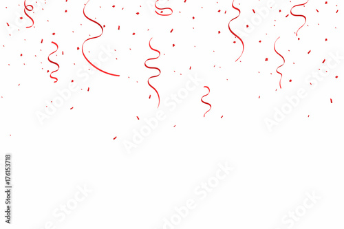 Celebration background with red ribbons and confetti. Falling confetti and ribbons isolated on white background