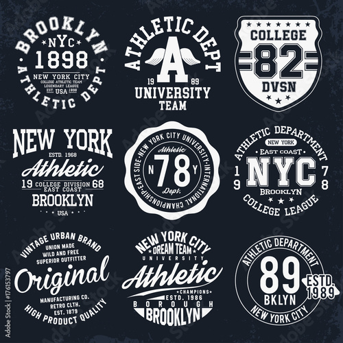 New York, Brooklyn typography, badges set for t-shirt print. Varsity style t-shirt graphics