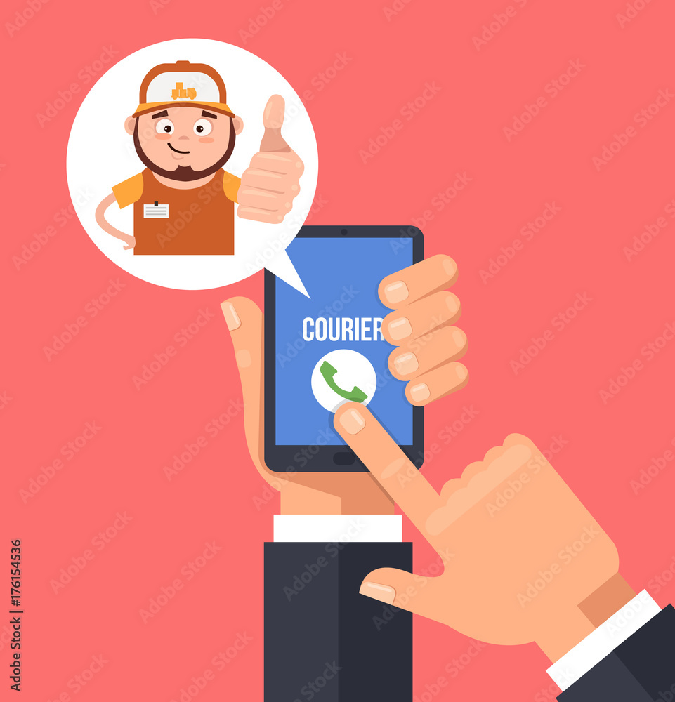Consumer hand hold smartphone and call courier man character. Delivery in time concept. Vector flat cartoon illustration Consumer hand hold smartphone and call courier man character. Delivery in time concept. Vector flat cartoon illustration
