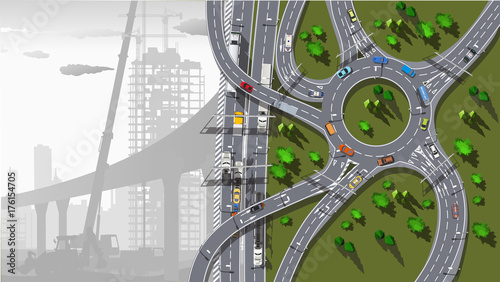 road works on construction of motorway early in the morning