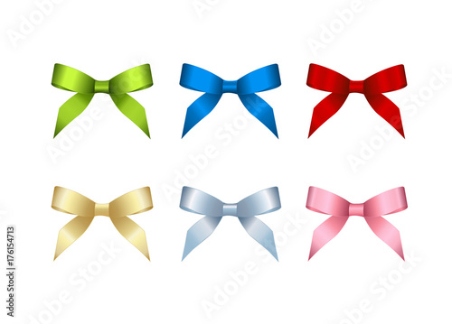 Collection of Satin Gift bow of ribbon (red, pink, green, blue, golden), isolated on white. Concept for invitation, banners, gift cards, congratulation or website layout vector.