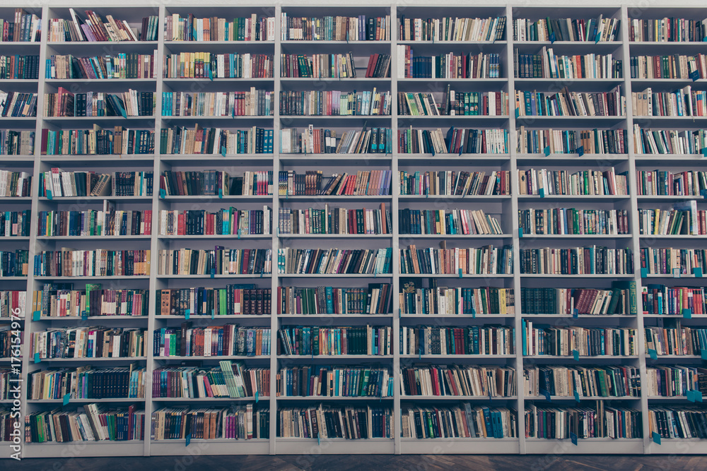 Fototapeta premium Ancient library interior design with massive wooden grey book shelves, full of colorful literature, tomes, publications, and wooden floor