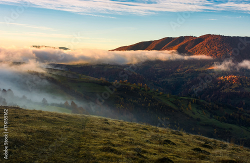 fog rolling over the hills at sunrise. stunning countryside autumnal background © Pellinni