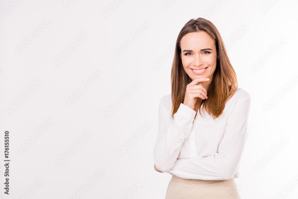 Close up portrait of caucasian gorgeous stunning charming lovely cute expert business lady, standing on pure white background, grinning, her fingers gently touch face Close up portrait of caucasian gorgeous stunning charming lovely cute expert business lady, standing on pure white background, grinning, her fingers gently touch face
