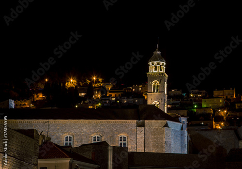 Tower of a church at night Dubrovnik