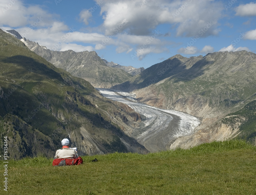 view of Aletsch Glacier, in foreground a middle-aged lady who after a walk reads a book, facing a fantastic landscape, in distance jungfraujoch, eggishorn, eiger, summer, belalp, switzerland.