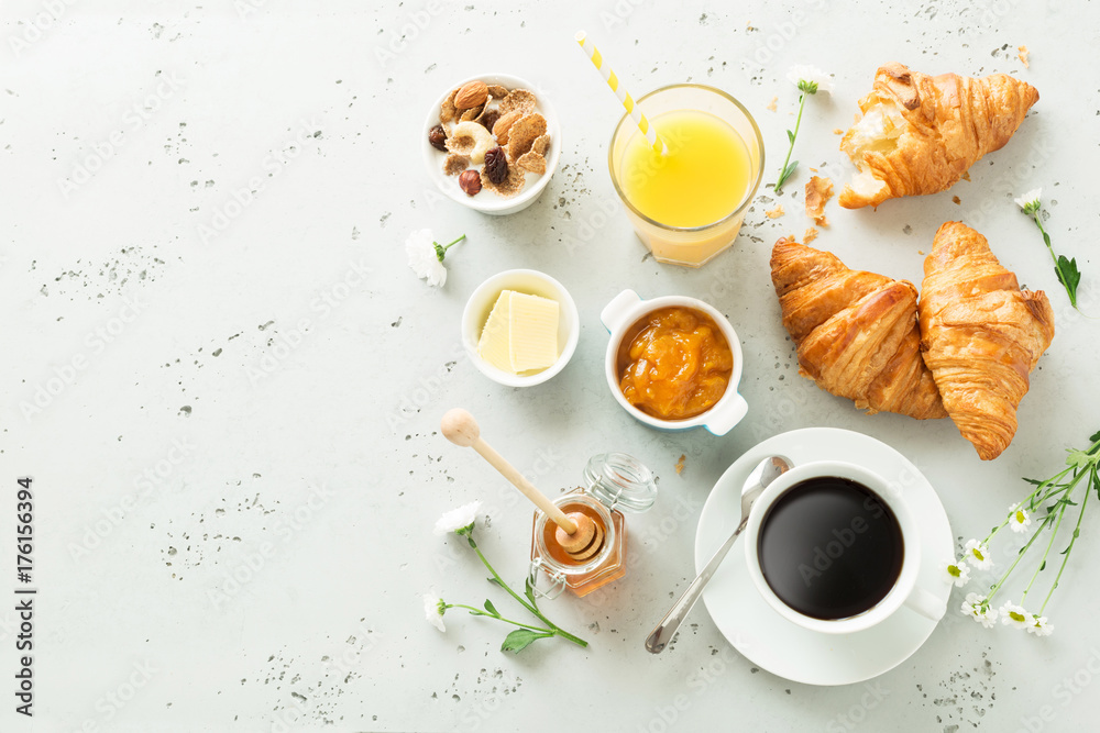 Continental breakfast on stone table from above - flat lay - obrazy, fototapety, plakaty 