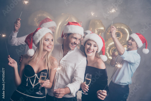 2018! Dancing bonding beautiful cute amazed festive crowd of youth, with fires on luxury feast, in classy outfits, so glamorous and fancy! Relax disco mood, celebrating newyear all night long!