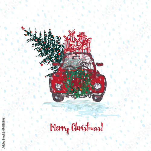 Festive Christmas card. Red car with fir tree decorated red balls and gifts on roof. White snowy seamless background and text Merry Christmas