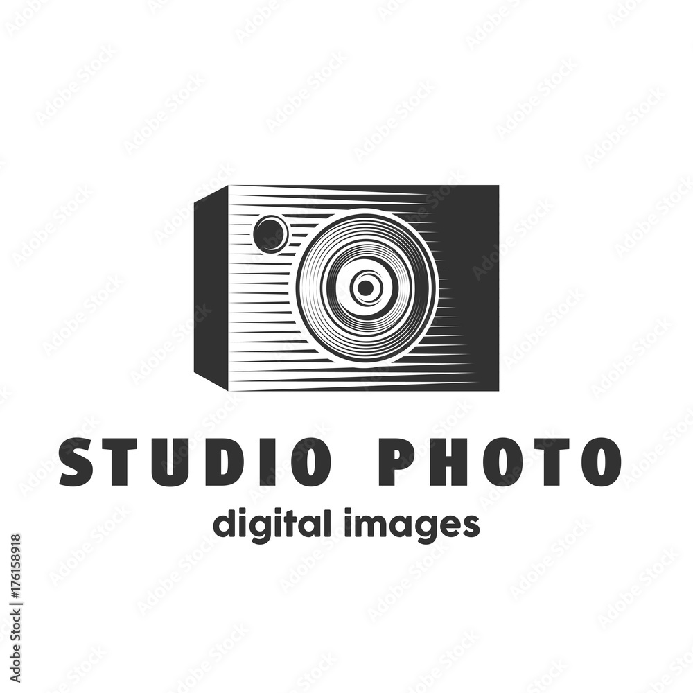 Abstract studio photo camera logo design template. Camera lined silhouette vector illustration. Abstract studio photo camera logo design template. Camera lined silhouette vector illustration.