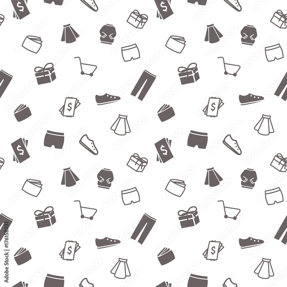 Vector seamless simple pattern with shopping elements (basket, wallet,  clothes, shoes, money, gift box). Sale background for website, printing on  fabric, gift wrap and wallpapers. Stock Vector | Adobe Stock