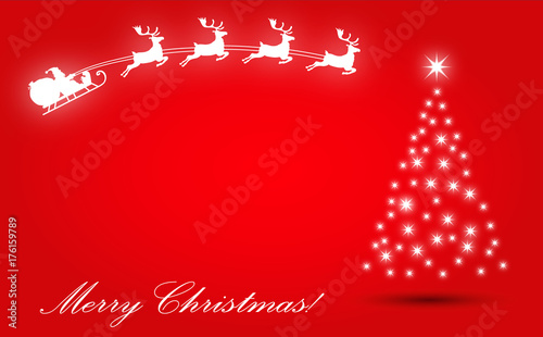 Biglietto natalizio con Babbo Natale che vola con slitta e albero di stelle