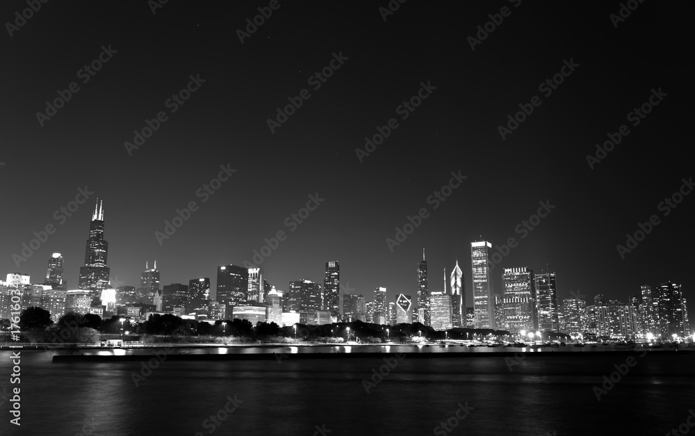 Lights of summer night Chicago Downtown skyline