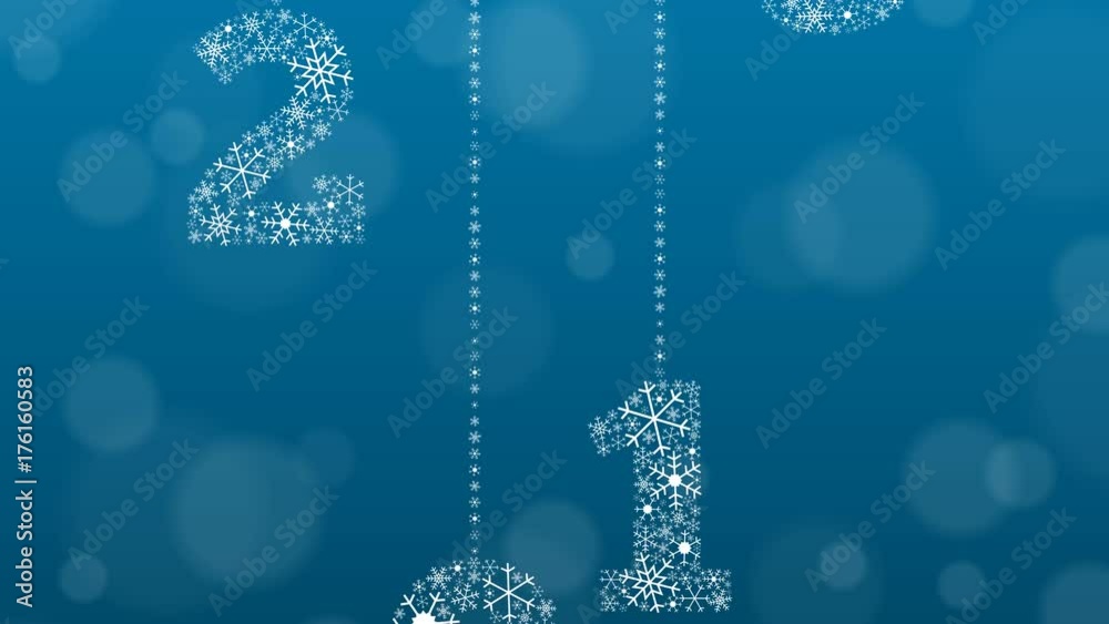 2018 text made of snowflakes on background with bokeh effect and enough copyspace for 

you text, each number slides from up or down on the chain of snowflakes