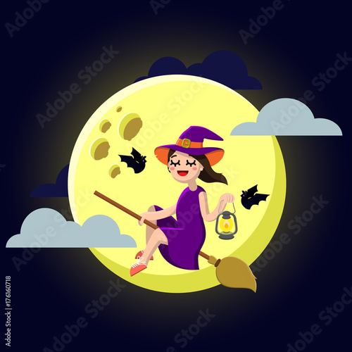 Happy Halloween. Little Witch on a broom. Cute girl and bats. Vector illustration of a flat design.