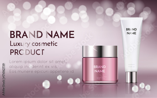 A beautiful cosmetic ads, vector make-up exhibition template, realistic 3d pink jar with white tube for moisturizing cream