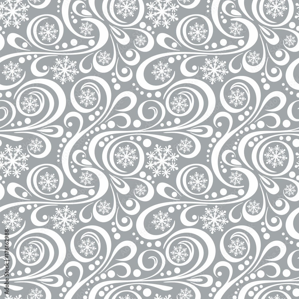 Abstract New Year pattern with snowflakes and swirls on gray