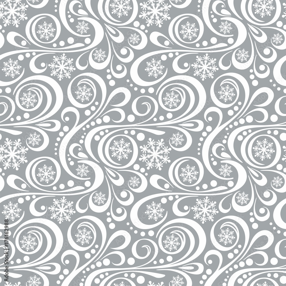 Abstract New Year pattern with snowflakes and swirls on gray Abstract New Year pattern with snowflakes and swirls on gray