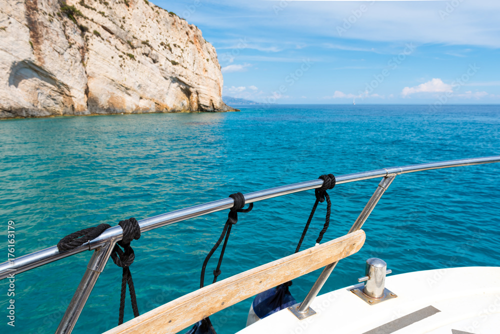 Details of cruise boat on a blue sea. Zakynthos island, Greece.
