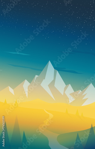 Summer mountain scenery with pine trees  river and hills at the back. Vertical version wallpaper for mobile phones.