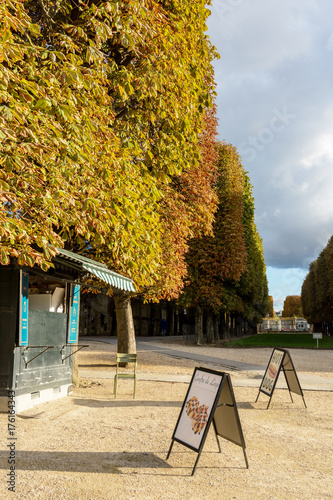 Waffle and hot-dog stand in the Luxembourg garden in Paris under the chestnut trees with orange leaves at the beginning of fall seaon in the sunset light. photo