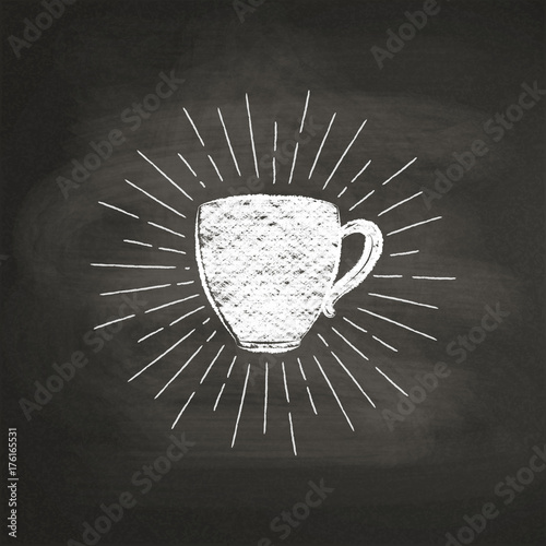 Chalk textured coffee cup silhouette with vintage sun rays on black board. Vector coffee mug illustration for drink and beverage menu or cafe theme, poster, t-shirt print, logo.