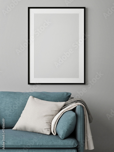 Mock up poster in close up composition on gray wall, 3d illustration photo