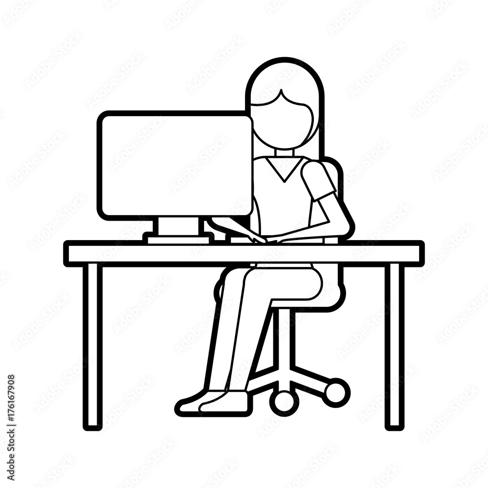girl sitting working laptop program technology