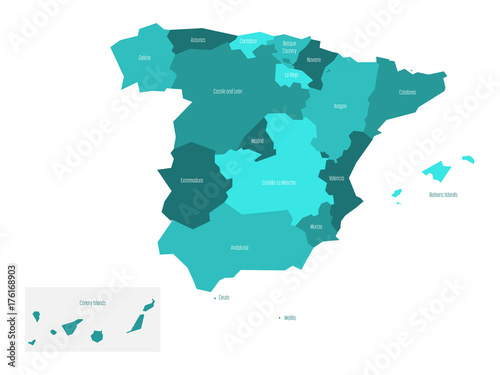 Map of Spain devided to 17 administrative autonomous communities. Simple flat vector map in shades of turquoise blue.