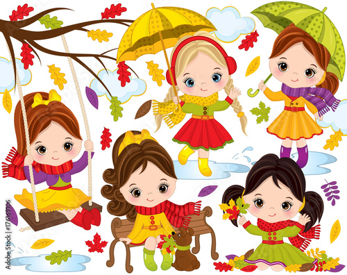 Vector Autumn Set with Cute Little Girls