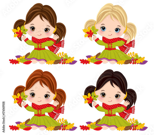 Vector Cute Little Girls with Autumn Leaves