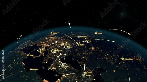 Global Communications through the Network of Connections over Europe and North America. Airport International Connectivity.