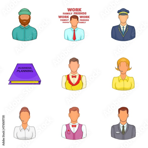 Hard worker icons set, cartoon style