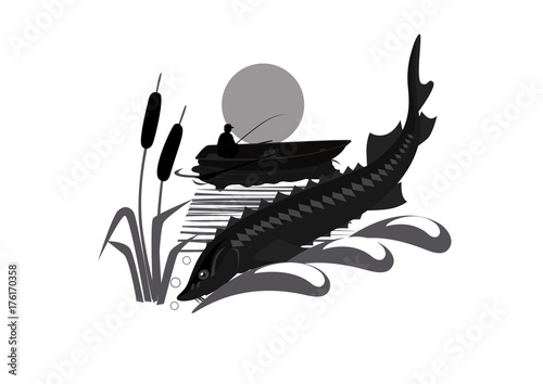 Fishing logo with fisherman and a sturgeon
