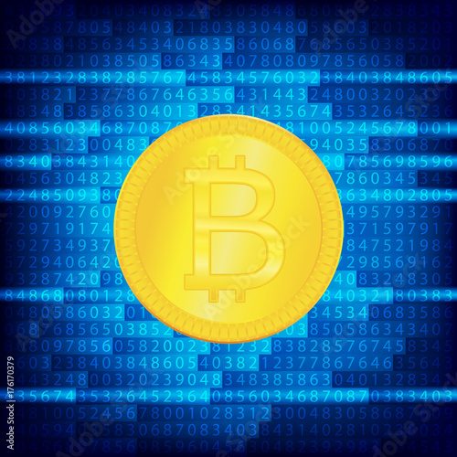 Crypto currency golden coin . Abstract virtual money on blue background .Digital matrix of deducting money . Use for logos, print products or other design. . Eps 10 vector illustration