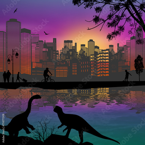 Dinosaurs silhouettes in front of a cityscape near water