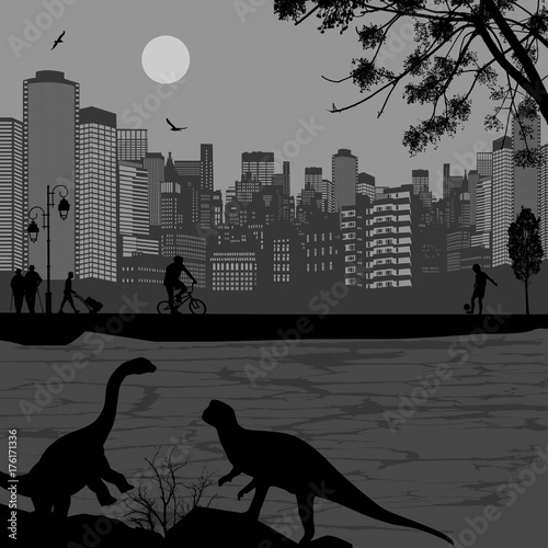 Dinosaurs silhouettes in front of a cityscape near water