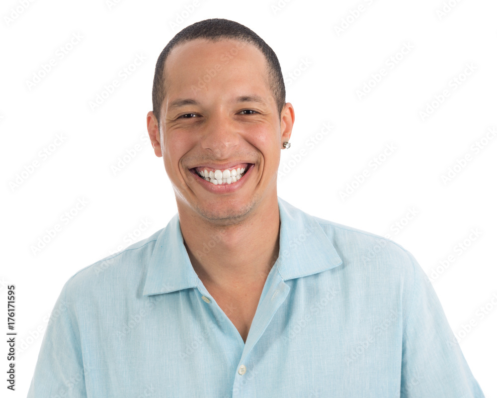 Young man with a big smile Latin American friendly and fun. White background.. Young man with a big smile Latin American friendly and fun. White background..